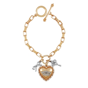 Juicy Couture Crown Charm & Heart Pendant Βραχιολι γυναικεια χρυσο χρωμα | YFHB-48659