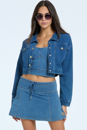 Juicy Couture Embroidered Knit Denim Μπουφαν γυναικεια μπλε σκουρο | EILP-02165